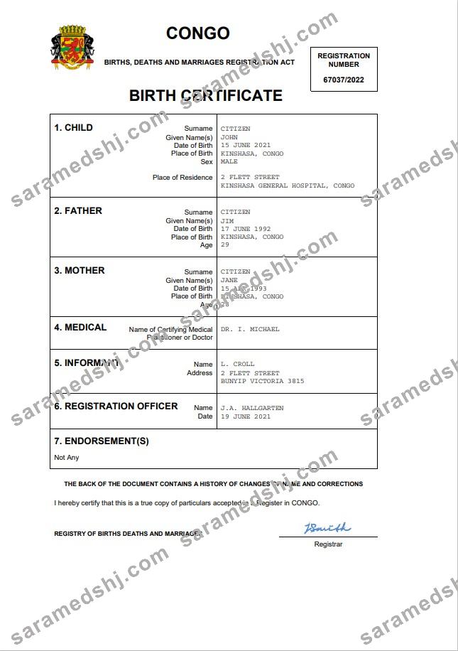 Congo vital record birth certificate Word and PDF template